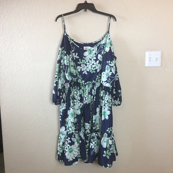 Eliza J Navy & Green Cold Shoulder Blouson Dress - Picture 2 of 10